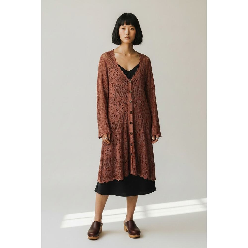 Peruvian Connection Metallic Crochet Lace Duster Cardigan Dress Rust Size L